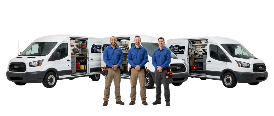 Tim's Locksmith technician alongside the dispatch van running residential lock installs, rekeys, and smart lock service in Alpine, California. All service performed on site with the van fully stocked.