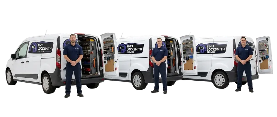 Tim's Locksmith Service technician with the van branded and ready equipped with dealer-level automotive tools and residential hardware in Camarillo, California. Licensed mobile locksmith (CA BSIS LCO#7134) covering the full service area.