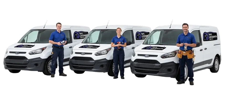 Tim's Locksmith Service technician ready to dispatch from the van handling automotive keys, fob programming, and vehicle lockouts in a Chula Vista, California neighborhood. Mobile service covers homes, businesses, and roadside vehicle calls.