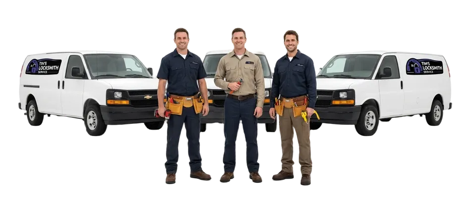 Tim's Locksmith Service tech beside the fully equipped service van handling safe opening, combination changes, and vault repair while servicing Encinitas, California. All service performed on site with the van fully stocked.