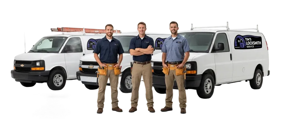 Licensed BSIS locksmith posted next to the mobile service van on call for residential and commercial locksmith work in Escondido, California. Licensed, insured, and locally dispatched mobile locksmith.