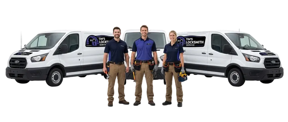 Licensed locksmith standing next to the Tim's Locksmith Service van on call for residential and commercial locksmith work in Fallbrook, California. Mobile locksmith dispatched from the van, no shop visit needed.