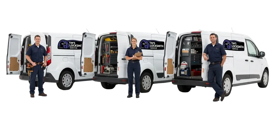 Mobile service tech by the branded Tim's Locksmith van ready for automotive, residential, and commercial service calls at a Fillmore, California address. Van pre-loaded with hardware, programming tools, and lockout kits.