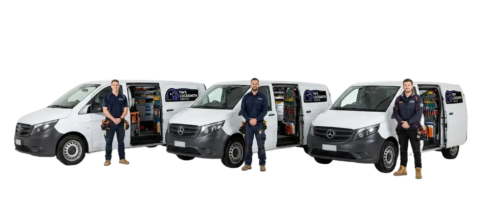 Licensed locksmith standing next to the Tim's Locksmith Service van covering the full service area with mobile dispatch during a local call in Goleta, California. Licensed locksmith with BSIS LCO#7134 on file.