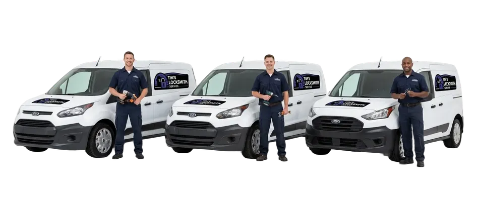 Tim's Locksmith technician alongside the dispatch van equipped for residential, commercial, and automotive service while servicing Imperial Beach, California. Same-day service for most residential and commercial calls.