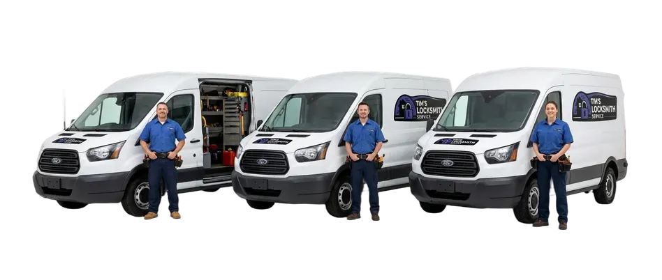 Tim's Locksmith Service technician with the van branded and ready serving businesses with master key systems and access control at a residential block in Lemon Grove, California. Residential, commercial, automotive, and safe work all handled by the same tech.