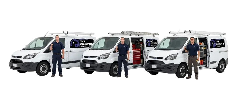 Field technician standing next to the Tim's Locksmith service van with the van stocked for rekeys, installs, and lockouts on a service run through Moorpark, California. Van carries OEM automotive keys, residential hardware, and commercial grade-1 locks.