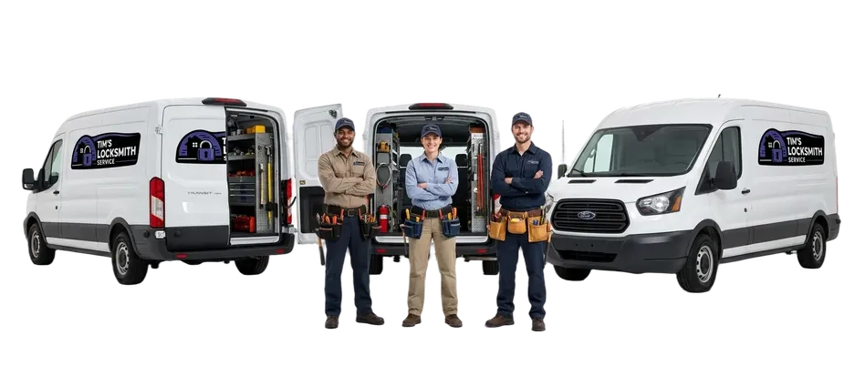 Tim's Locksmith Service tech beside the fully equipped service van running a same-day service schedule while servicing National City, California. Mobile service covers homes, businesses, and roadside vehicle calls.