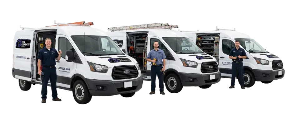 Tim's Locksmith Service technician standing beside the branded service van with a full mobile tool kit for on-site service while servicing Oak Park, California. All service performed on site with the van fully stocked.