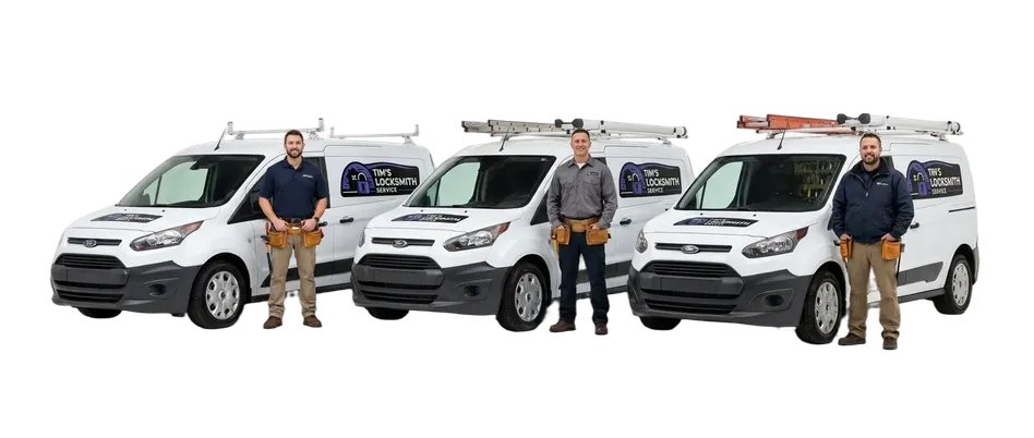 Tim's Locksmith tech beside the company van at a residential street covering emergency lockouts and urgent lock repairs on a residential street in Oceanside, California. Licensed, insured, and locally dispatched mobile locksmith.