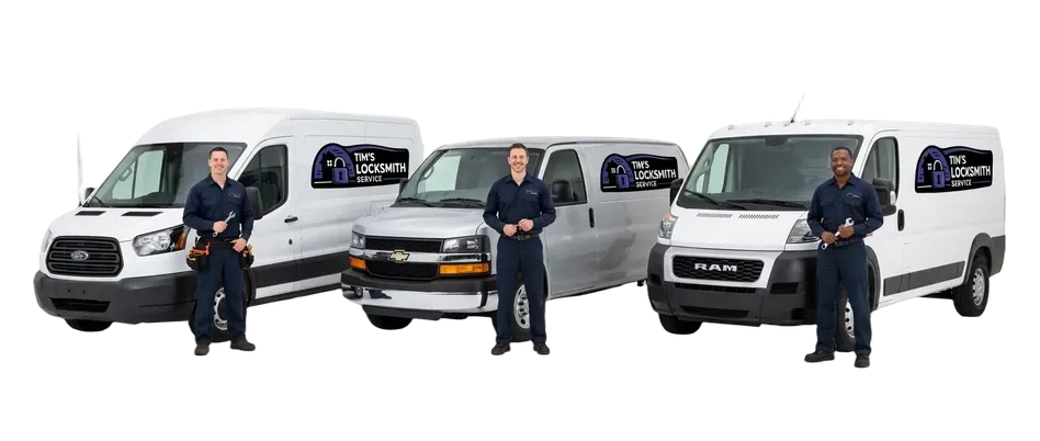 Tim's Locksmith Service technician standing beside the branded service van ready for rekeys, installs, and emergency lockouts on a service run through Oxnard, California. BSIS licensed, insured, and dispatched directly from local zones.
