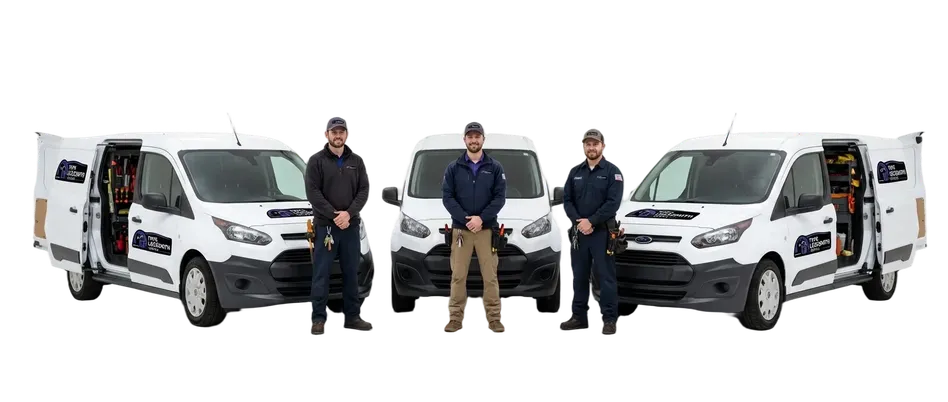 Tim's Locksmith technician alongside the dispatch van ready for rekeys, installs, and emergency lockouts in the Port Hueneme, California service area. Mobile locksmith dispatched from the van, no shop visit needed.