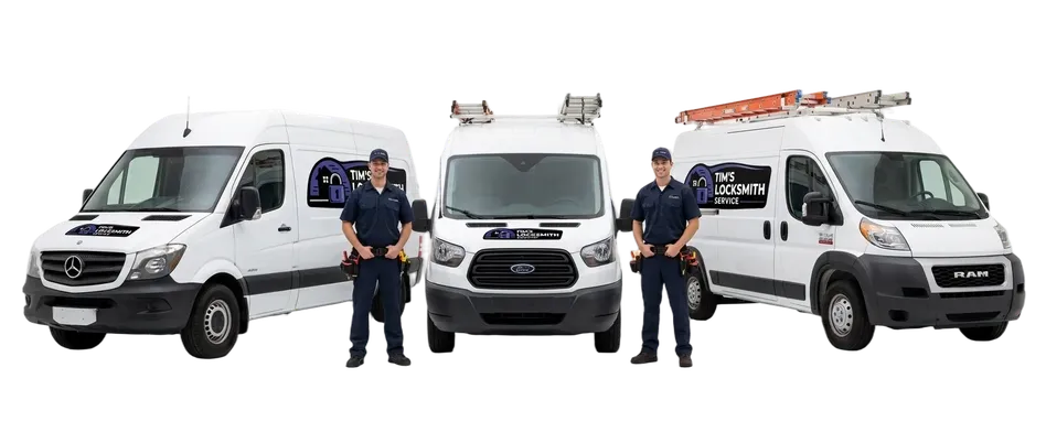 Tim's Locksmith Service mobile technician beside the dispatch vehicle handling move-in rekeys and full-service locksmith work while on dispatch in Poway, California. All service performed on site with the van fully stocked.