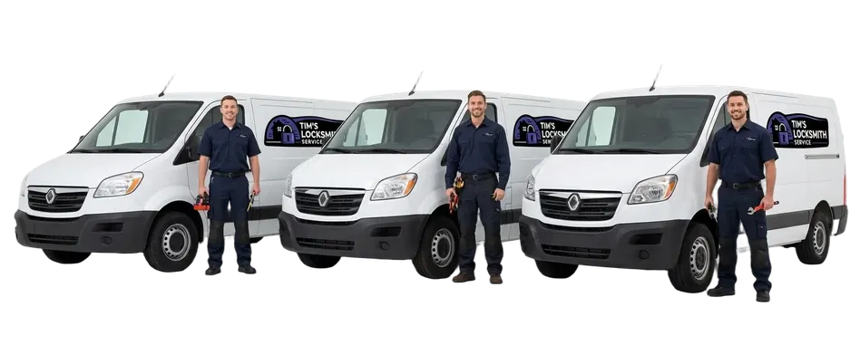 Technician ready for a service call with the Tim's Locksmith van behind covering the full service area with mobile dispatch at a San Marcos, California address. Residential, commercial, automotive, and safe work all handled by the same tech.
