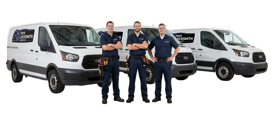 Tim's Locksmith Service mobile technician beside the dispatch vehicle available for 7 AM to 9:30 PM calls with after-hours dispatch on a residential street in Santa Barbara, California. Residential, commercial, automotive, and safe work all handled by the same tech.