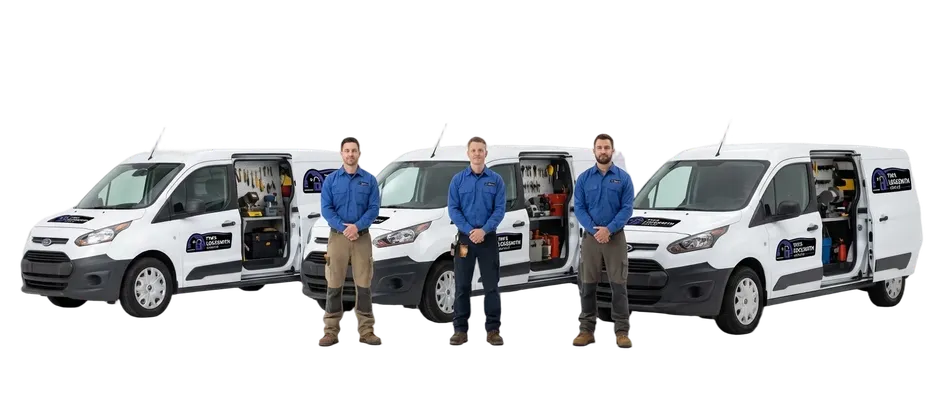 Licensed BSIS locksmith posted next to the mobile service van with a full mobile tool kit for on-site service on a service run through Simi Valley, California. Licensed mobile locksmith (CA BSIS LCO#7134) covering the full service area.