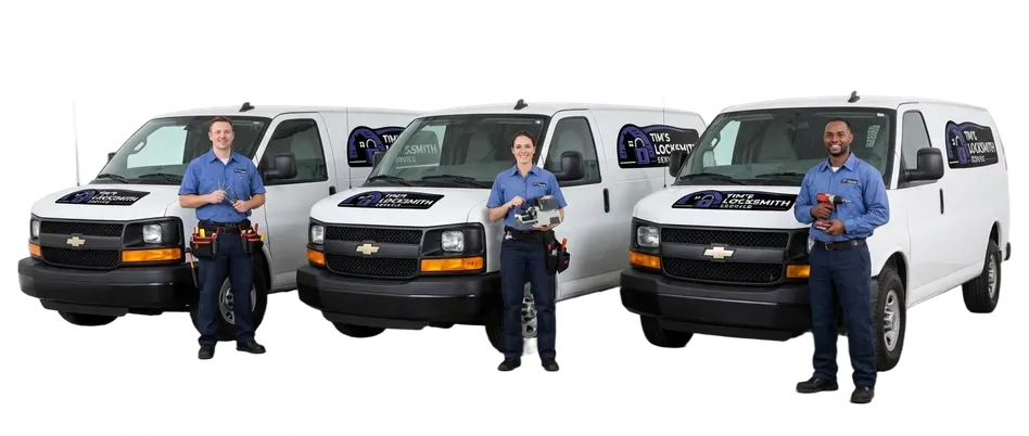 Tim's Locksmith Service technician standing beside the branded service van running a same-day service schedule in the Solana Beach, California service area. Full-service mobile locksmith covering the metro area.