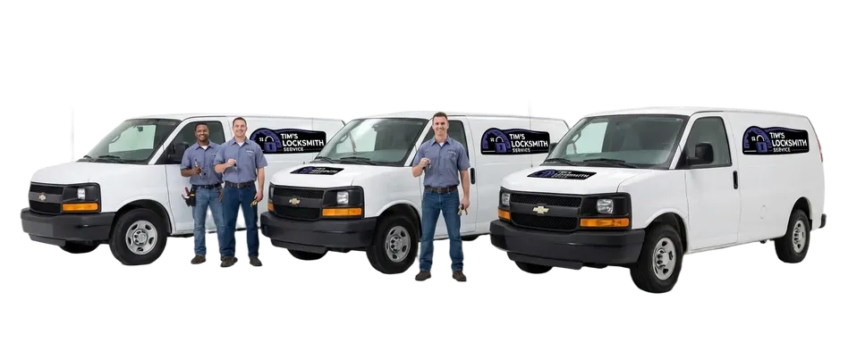 Tim's Locksmith Service technician with the van branded and ready ready for rekeys, installs, and emergency lockouts at a residential block in Thousand Oaks, California. Residential, commercial, automotive, and safe work all handled by the same tech.