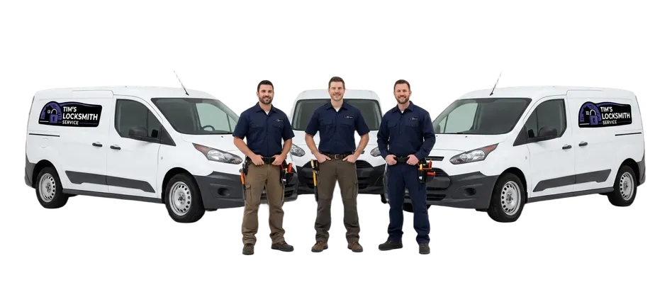 Tim's Locksmith technician alongside the dispatch van covering residential, commercial, automotive, and emergency lockouts at a Vista, California address. Mobile service covers homes, businesses, and roadside vehicle calls.