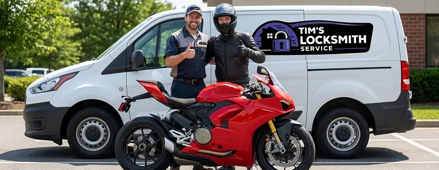 Tim's Locksmith Service technician and customer with mobile van