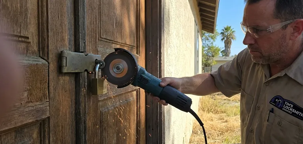 Tim's Locksmith Service grinding a padlock