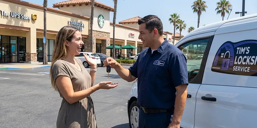 Tim's Locksmith Service technician handing keys to a customer