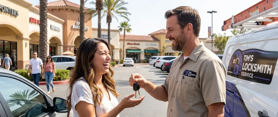 Happy customer receiving keys from Tim's Locksmith Service in Del Mar