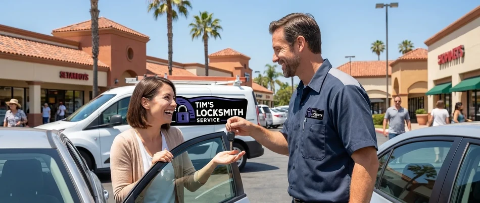 Happy customer receiving keys from Tim's Locksmith Service in Escondido