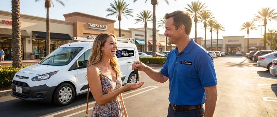 Happy customer receiving keys from Tim's Locksmith Service in Goleta