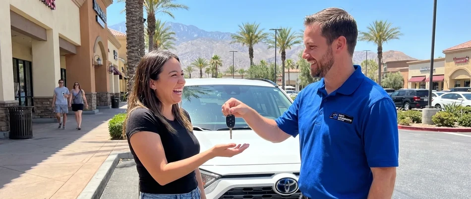 Happy customer receiving keys from Tim's Locksmith Service in San Marcos