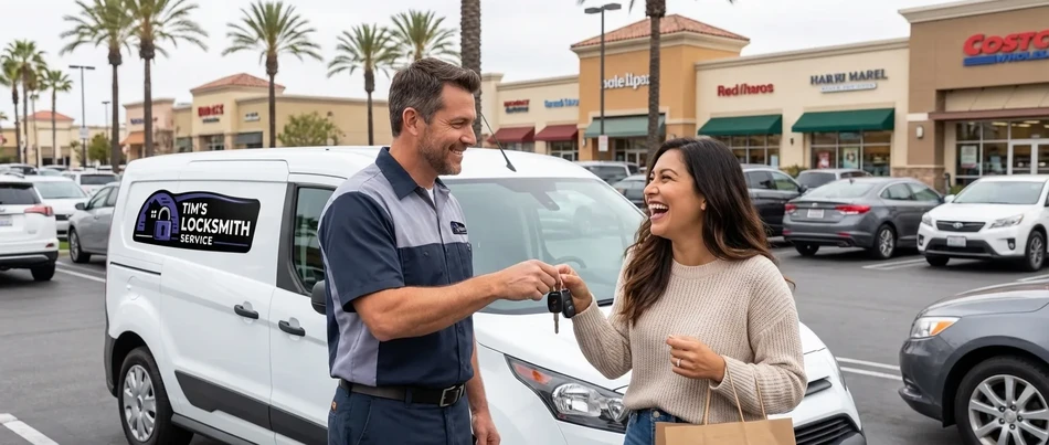 Happy customer receiving keys from Tim's Locksmith Service in Oxnard