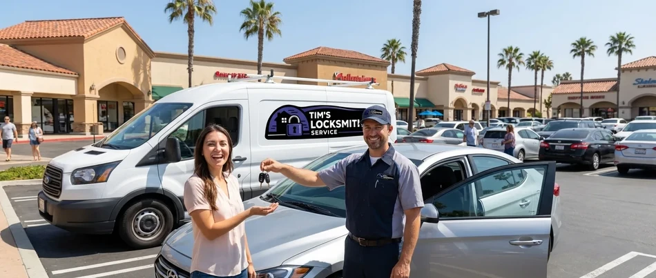 Happy customer receiving keys from Tim's Locksmith Service in Santa Barbara
