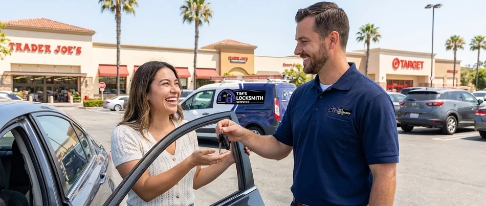 Happy customer receiving keys from Tim's Locksmith Service in Carlsbad