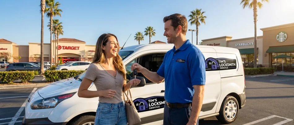 Happy customer receiving keys from Tim's Locksmith Service in Solana Beach