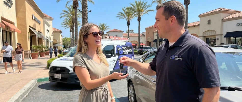 Happy customer receiving keys from Tim's Locksmith Service in Rancho Bernardo