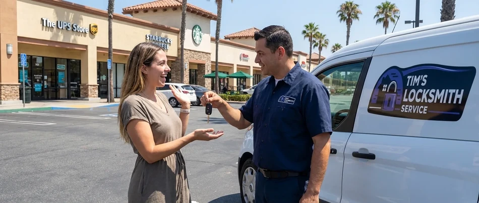 Happy customer receiving keys from Tim's Locksmith Service in San Ysidro