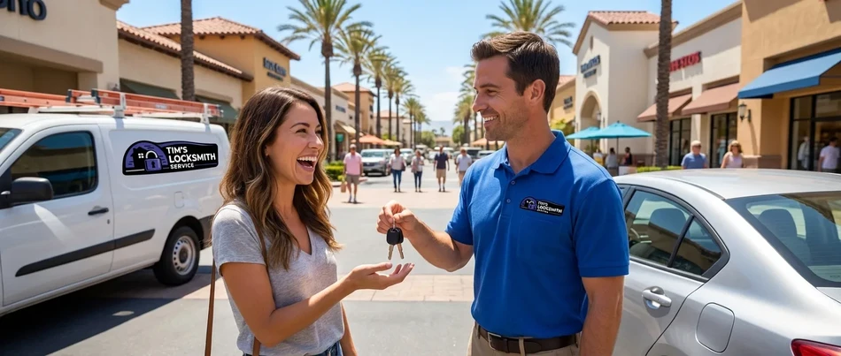 Happy customer receiving keys from Tim's Locksmith Service in Thousand Oaks