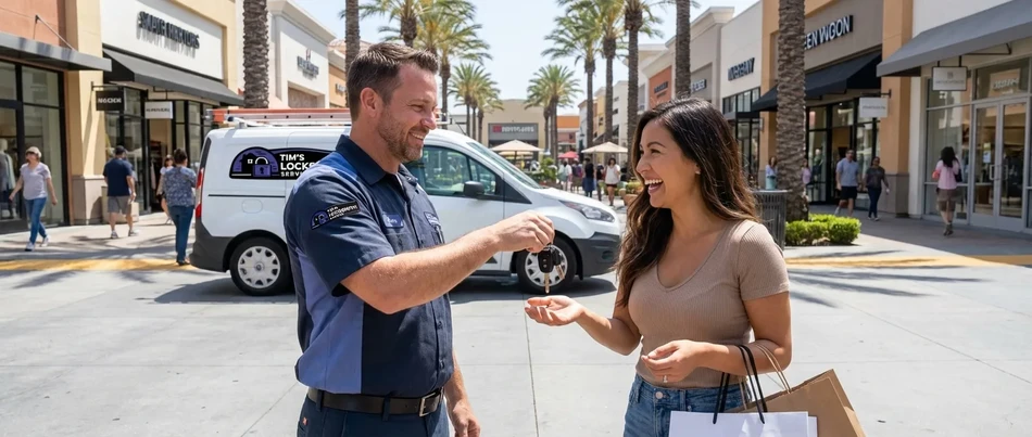 Happy customer receiving keys from Tim's Locksmith Service in Lakeside