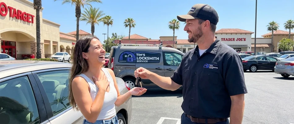 Happy customer receiving keys from Tim's Locksmith Service in Rancho Santa Fe