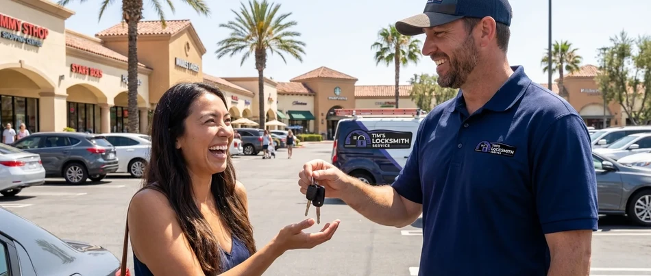 Happy customer receiving keys from Tim's Locksmith Service in Vista