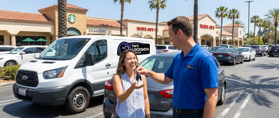 Happy customer receiving keys from Tim's Locksmith Service in Coronado