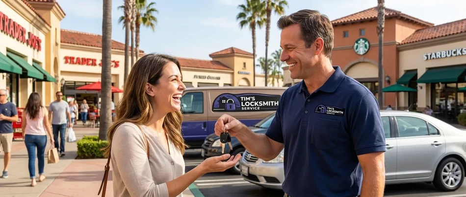 Happy customer receiving keys from Tim's Locksmith Service in Oceanside
