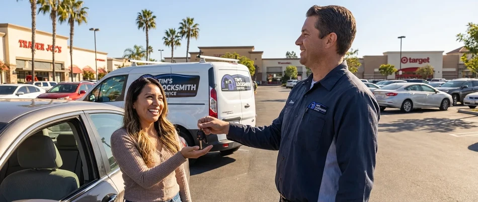 Happy customer receiving keys from Tim's Locksmith Service in Fallbrook