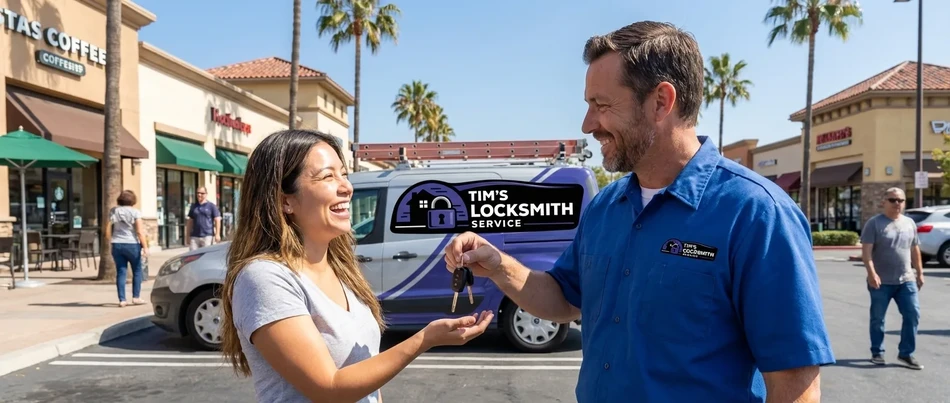 Happy customer receiving keys from Tim's Locksmith Service in Poway