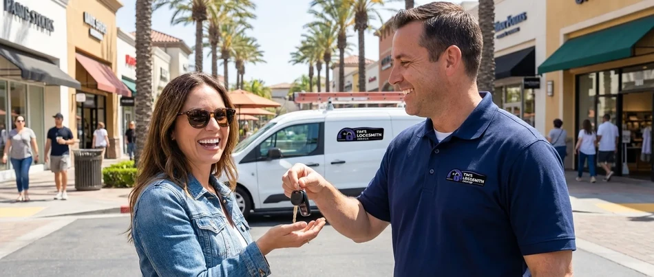 Happy customer receiving keys from Tim's Locksmith Service in San Diego