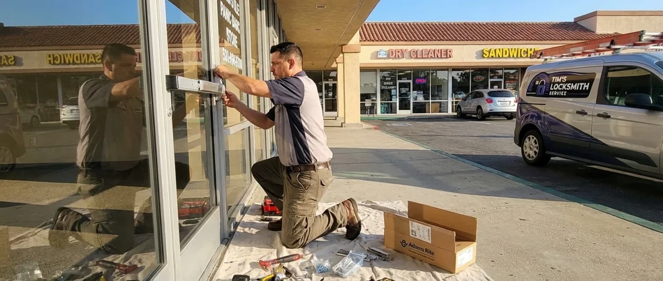 Concealed vertical rod panic bar in Oxnard lobby