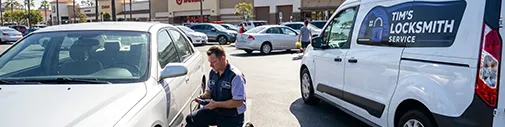Tim's Locksmith Service technician programming a key fob beside a vehicle in a La Mesa parking lot, California. Car key cutting, key programming, ignition replacement, and broken key extraction for all makes and models in San Diego County.