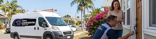 Tim's Locksmith Service technician assisting a homeowner with an emergency lockout at a residence in Imperial Beach, California. Rapid response home lockouts, vehicle lockouts, break-in repair, and urgent lock services across San Diego County.