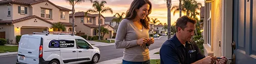 Tim's Locksmith Service technician handing a new key to a homeowner during an evening emergency lockout call in Moorpark, California. Fast response home lockouts, car lockouts, break-in repair, and urgent lock services across Ventura County.