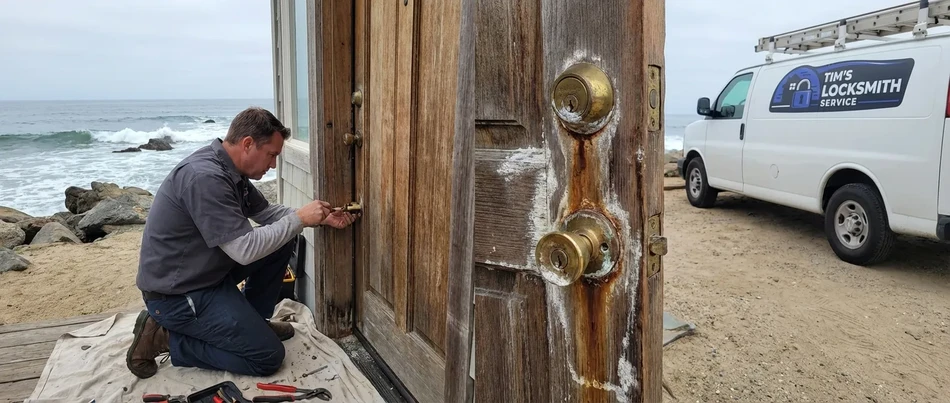 Front door lock install on Ojai Spanish-style home